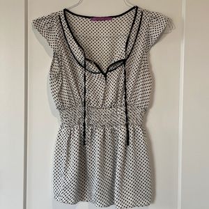 Womens Top Size Small Smart Set BlCk White Polka Dots Ties Elastic Waist Light